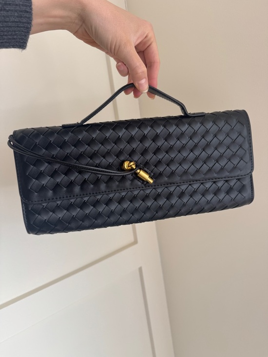 Handbags - Woven Black Leather Top-Handle Clutch